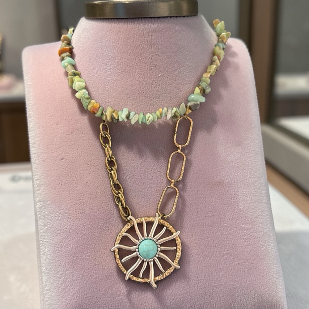 Boho Western Chic Distressed Gold and Turquoise Multicolored Necklace